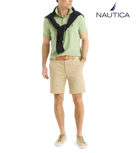 Nautica 8.5" Stretch Paddle Boat Print Twill Tan Brown Deck Shorts (Size 38 40) - 第 1/9 張圖片