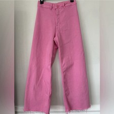 Zara Marine Straight Wide Leg Raw Hem Jeans High Waist Pink Spring Size 6 Flaw