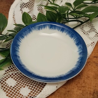 Vtg? Blue Feather Edge Trim Butter Pat Salt Cellar or Dip Condiment Dish 3.75''
