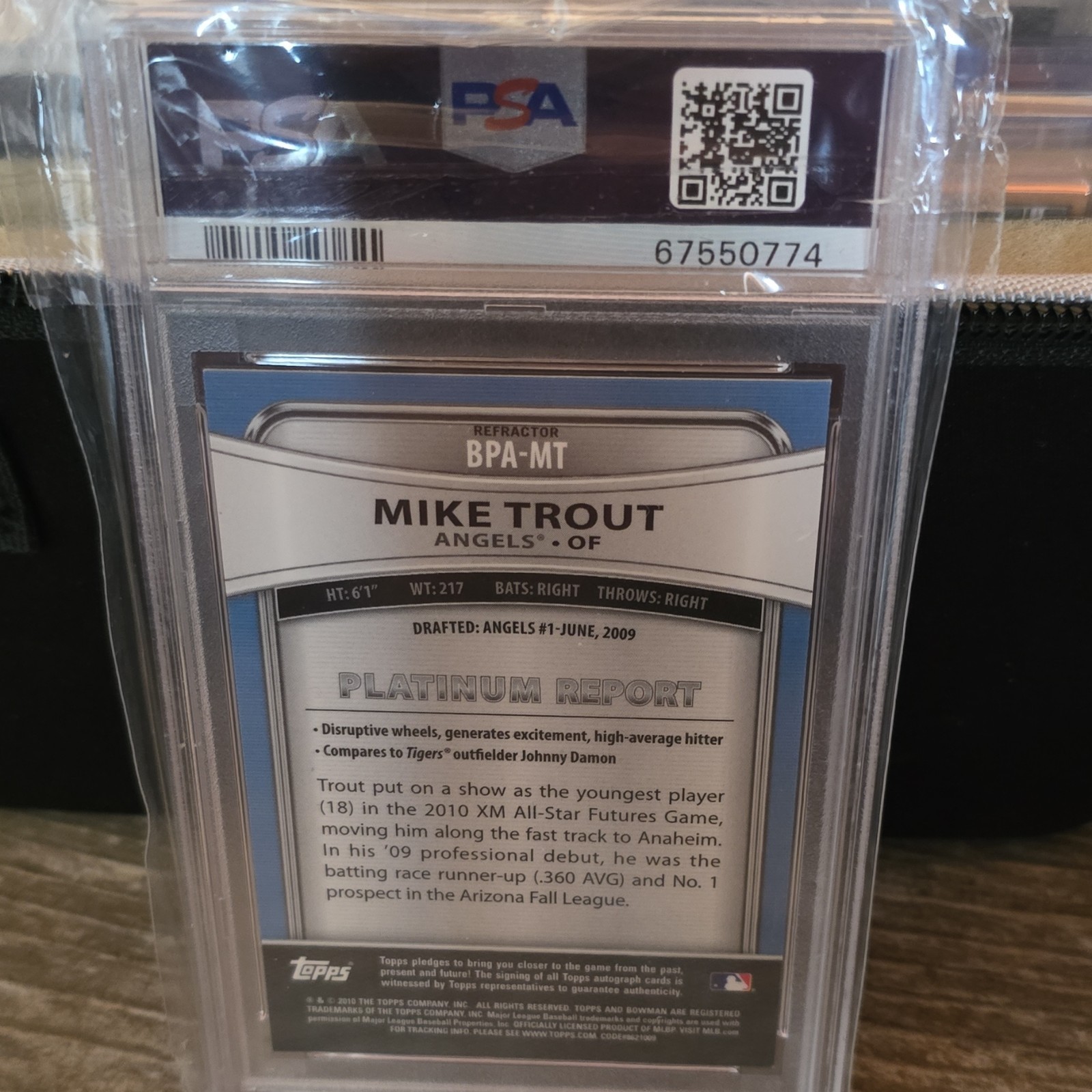 2010 Bowman Platinum Mike Trout Prospect Auto Green Refractor BPA-MT PSA 8 view 2