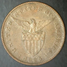 1925 Philippines Bronze Centavo Worn One Cent Coin Hammer Anvil Eagle Designs