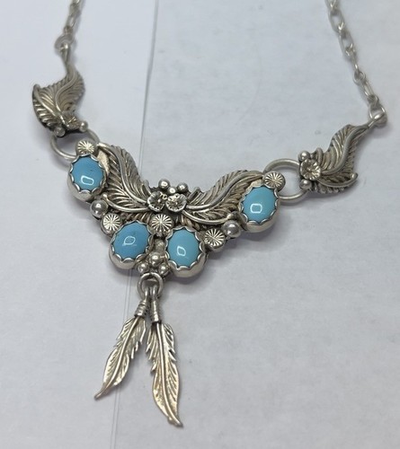 Navajo B.J. Sterling Silver 925 Turquoise Etched Feather Necklace – Old Kingman - Picture 2 of 21