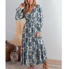 NWT CUPSHЕ Maxi Dress Blue White Damask Print V Neck Smocked Waist Long Sleeve