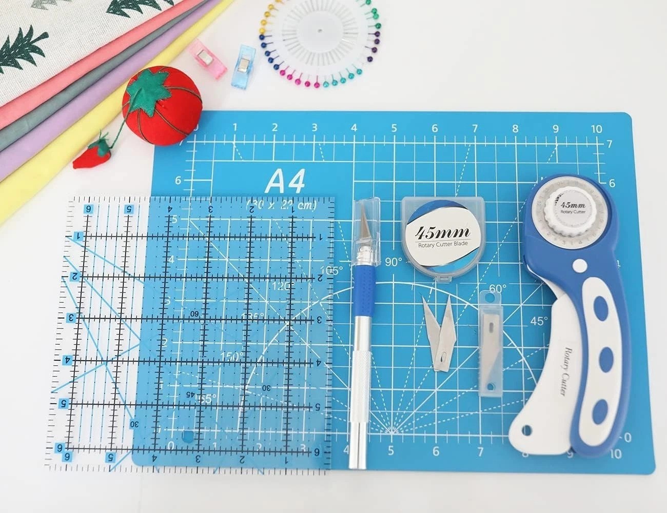 39-Piece Blue Rotary Cutter Set: Complete Quilting Kit with Safety Features