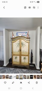 Palm Tree Painted Wood Freestanding Wardrobe Armoire with Hinged Doors & Shelves