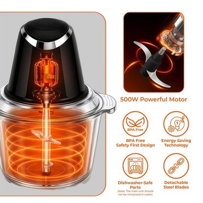 Electric mini chopper with 1L glass bowl, 500W, two speed settings, removable