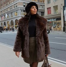 ZARA BROWN FAUX FUR LAPEL COLLAR FRONT POCKET HOOK BELTED GOLD BUCKLE TEDDY COAT