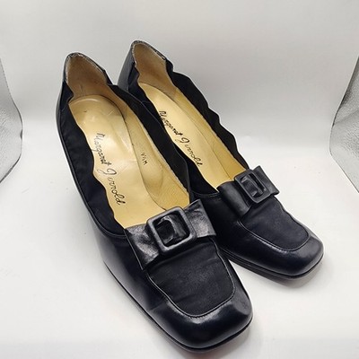 VINTAGE Margaret Jerrold Black Leather Pumps Scalloped Elastic Block Heel 9.5M