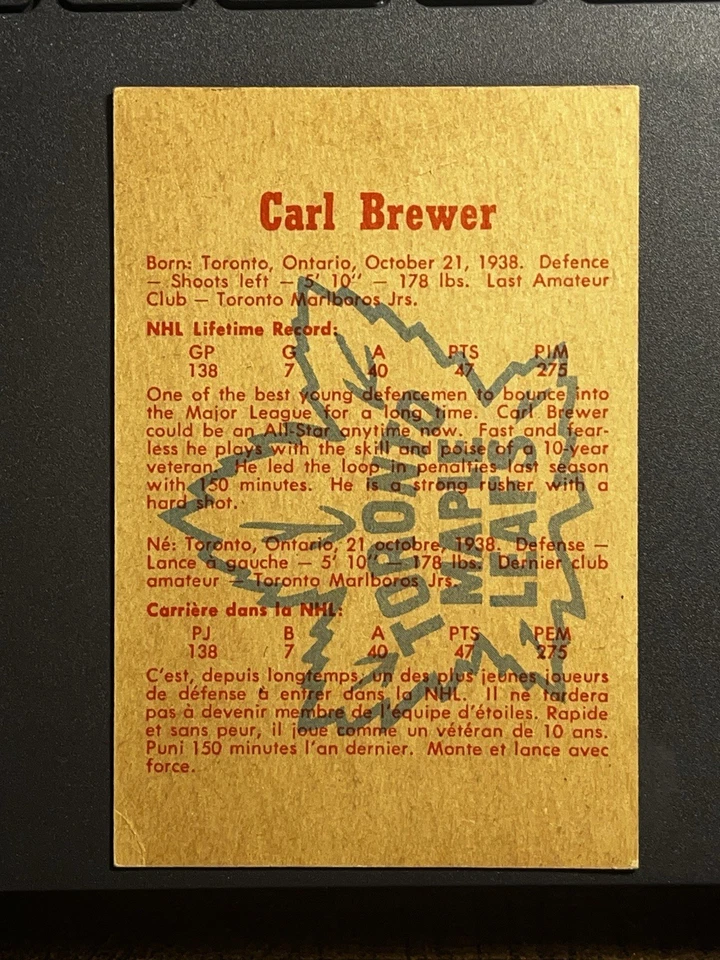 1960-61 PARKHURST HOCKEY CARL BREWER #18 MAPLE LEAFS VG - Image 2 of 3