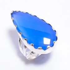 Trendy Blue Chalcedony Gemstone 925 Sterling Silver Ring 9.5 US Handmade Jewelry