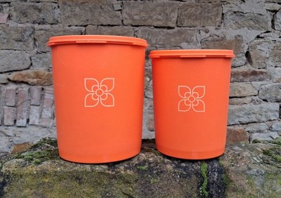 ***TUPPERWARE*2 x SERVALIER VORRATSBEHÄLTER*SUNBURST* ORANGE*1970ER*VINTAGE***