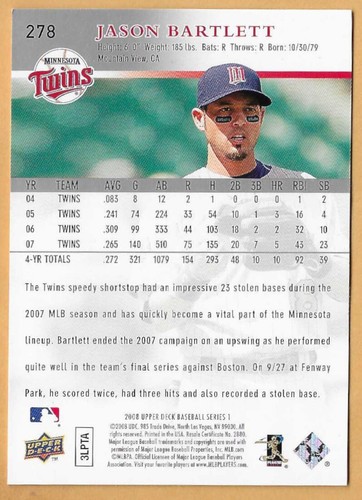 JASON BARTLETT MINNESOTA TWINS #278 - CUBIERTA SUPERIOR CASI NUEVO - NUEVO CONJUNTO 2008 - Imagen 2 de 2