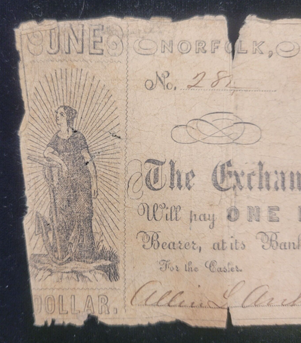 1862 $1 Exchange Bank of Virginia, Norfolk, VA Obsolete Currency Bank Note - 第 5/8 張圖片