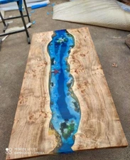 Ocean Blue Epoxy Resin Dining Table Top, Pebbeles Epoxy Office Desk Furniture