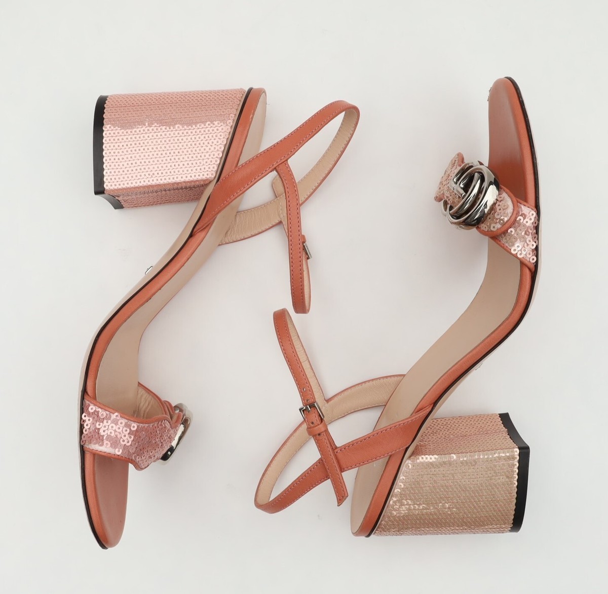 GUCCI 'Marmont' GG Sequin Pink Open Toe Block Heel Sandals