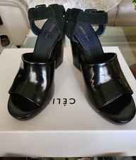 CELINE by Pheobe Philo Black and Navy Blue Patent and Suede Block Sandals Heels