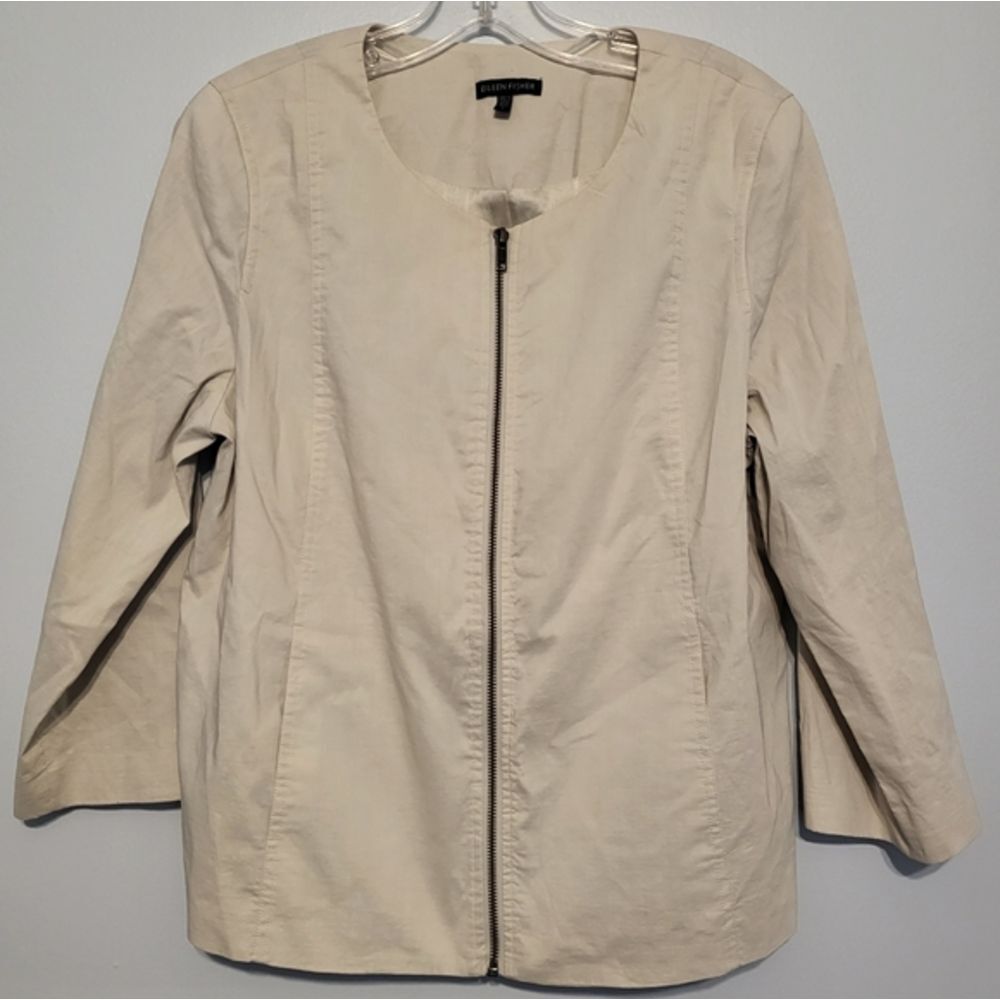 Eileen Fisher Zip Jacket Womens Size Large Ivory Boxy Fit Organic Cotton