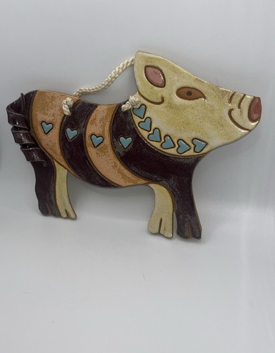 Folk Art Art Pottery Signed Carol Johnson Pig Wall Plaque Hanging 9” 3D
