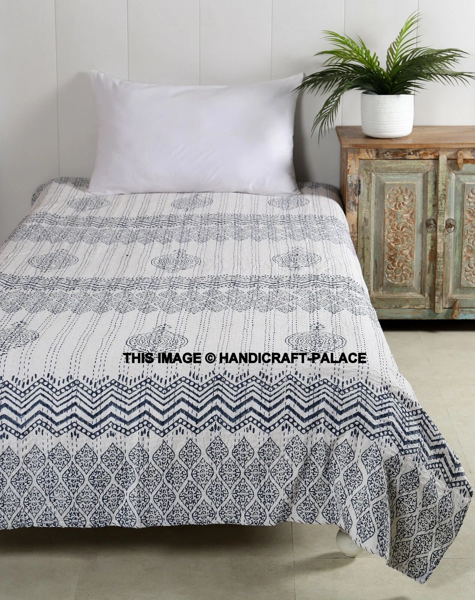 Indian Cotton Kantha Quilt Hand Block Paisley Print Twin Bedspread Blanket White