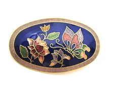 Vintage Cloisonne Enamel Scarf Clip Flowers and Butterfly Deep Blue Oval