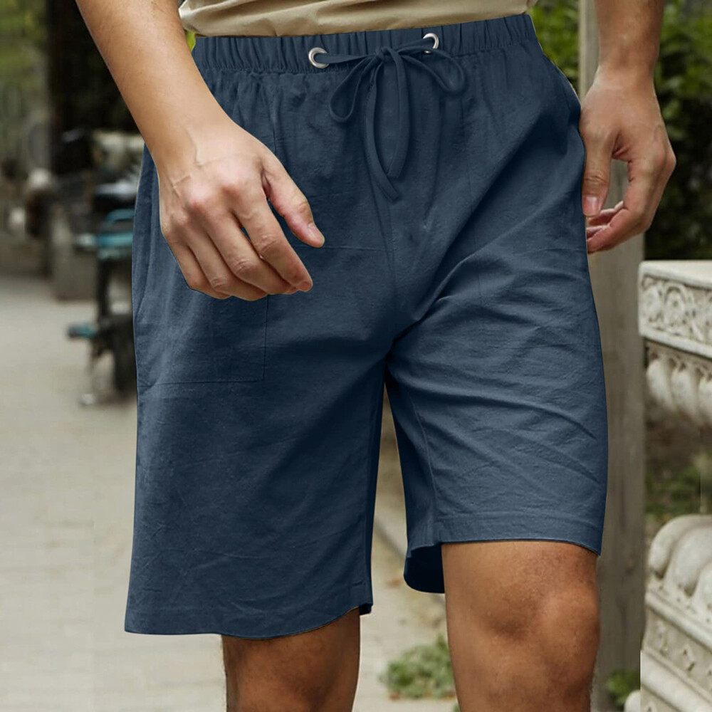 Cotton Linen Mens Elastic Waist Shorts Summer Beach Wide Leg Cargo Pants  Bottoms