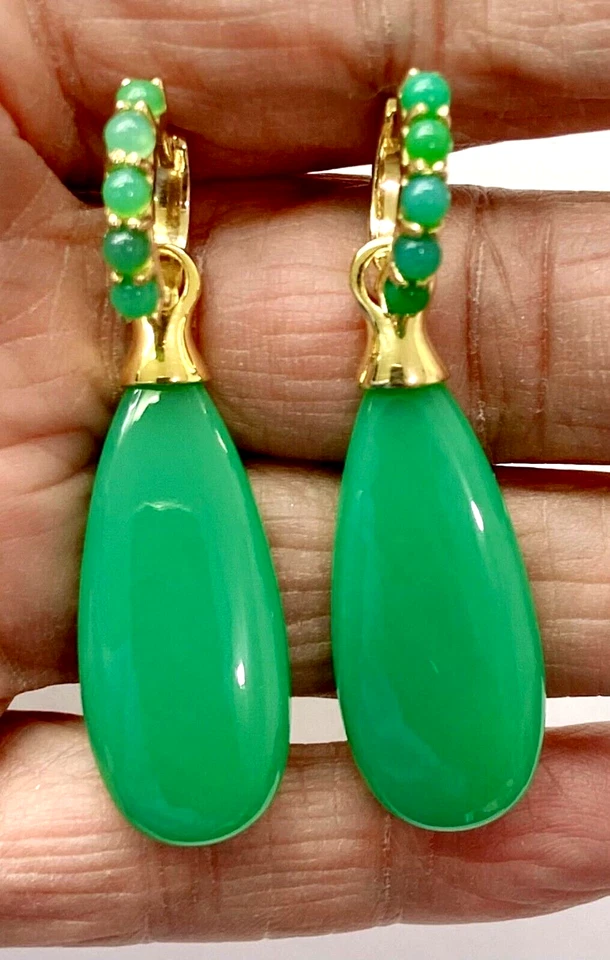 Pendientes colgantes de calcedonia verde revestidos de oro de 14 quilates HSN rarezas Foto 4 de 4