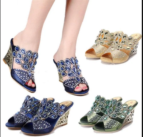 New Womens Open Toe Rhinestone High Wedge Heel Slippers Party Dress Sandal Shoes - Picture 2 of 15