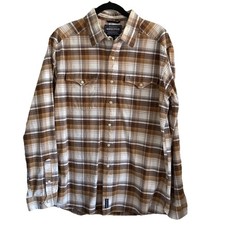 Panhandle ROUGH STOCK Men  s Pearl Snap Shirt Sz L Western Browns Cream EUC