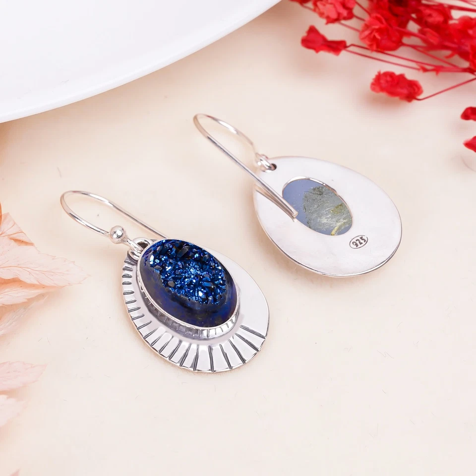 Blue Titanium Agate Drusy 925 Sterling Silver Earring, Christmas Gift E155163 - Image 3 of 4