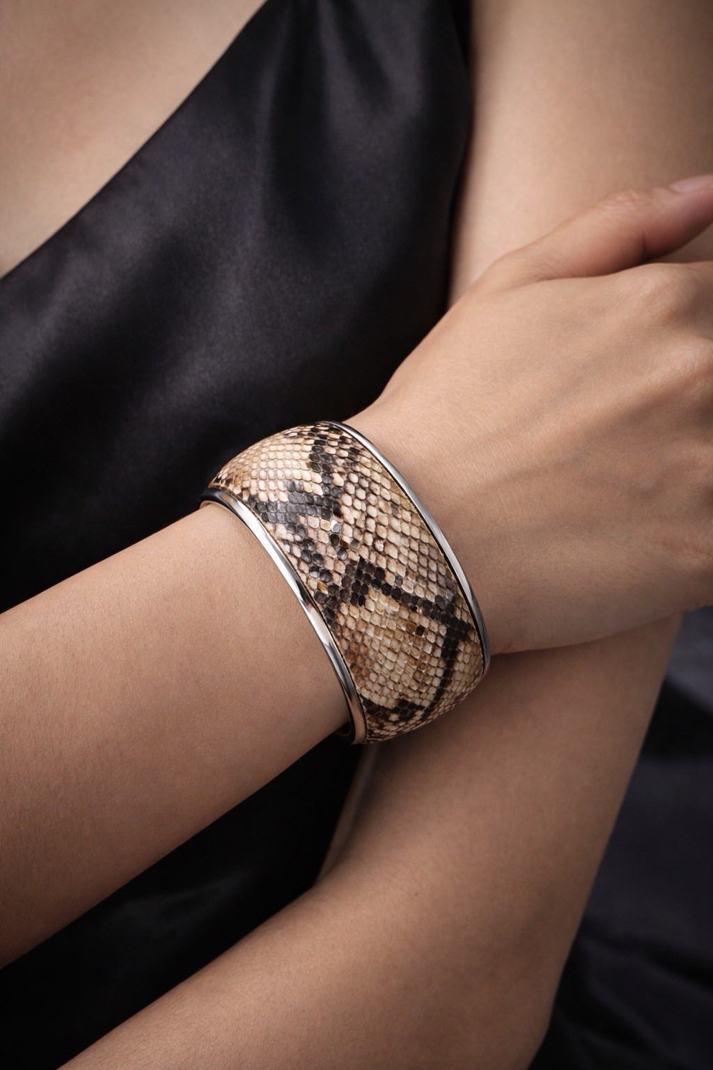 Italian Python Dome Cuff Silver Tone Statement Br… - image 3