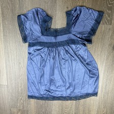 Vtg Gossard Artemis Navy Short Lingerie Nightgown Lace Teal Trim Sz Large