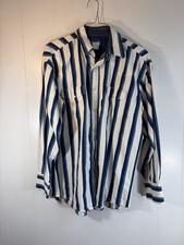 Mens Vtg 80s Wrangler Western Shirt 16 L Blue White Striped L/S Cotton Snaps