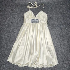 Vintage Y2K Jessica McClintock Dress Ivory Empire Waist Bubble Hem Halter 4