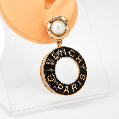 Givenchy Vintage Earrings Logo Disk Dangle Gold Chunky Runway Black Enamel Hoops - Picture 2 of 16