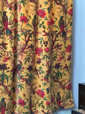 Luxury Velvet Curtains Yellow Bird Print Vintage Cotton Boho Any Size Custom