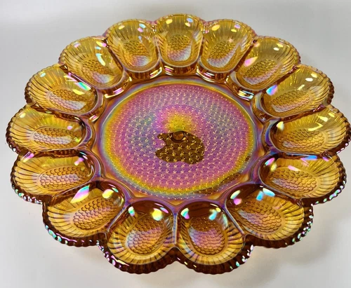 Vtg Indiana Glass Deviled Egg Relish Plate Depression Marigold Carnival Hobnail