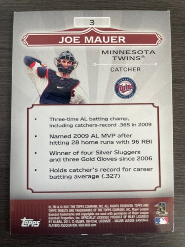 2011 Topps Tribute Joe Mauer Blue Parallel THICK Foil #3 serial /199 - Picture 2 of 2
