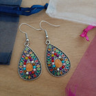 Colourful Boho Teardrop Pendant Dangle Earrings Silver Hooks AUS Free Postage