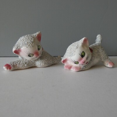Vintage 2 Paar Katzen Figuren Ornamente gezuckert pastell rosa Kitsch süß 70er Japan