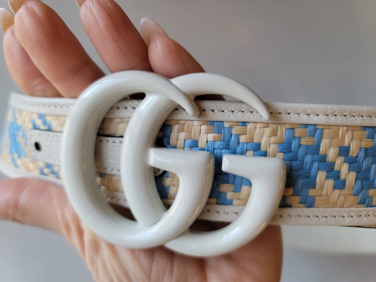 Gucci GG Marmont WIDE Belt 85 34 Off White Leather Raffia Straw Blue 750