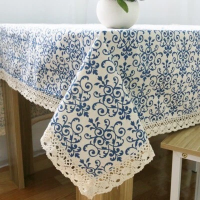 Coton Lin Dentelle Nappe Rectangulaire Table Carrée Tissu Décor Vintage - Photo 1/4