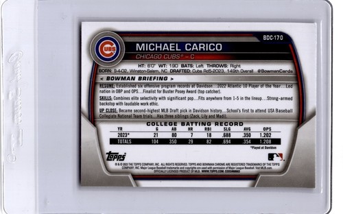 MICHAEL CARICO 2023 Bowman Draft Chrome BDC-170 Yellow Refractor #50/75 Cubs - Picture 2 of 2