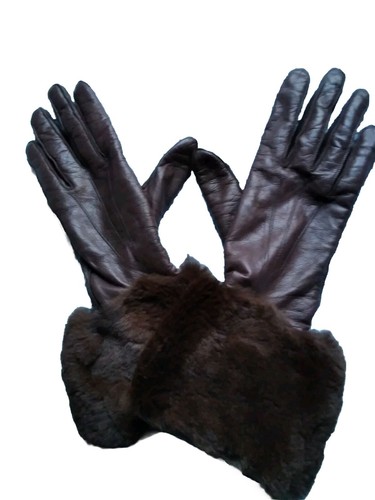 CHIC Leather Gloves In Brown With Real Fur Cuffs.Size 7