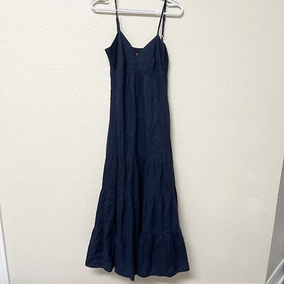 fitted lace wedding dress Navy Linen Maxi Dress with Button Back main image 1