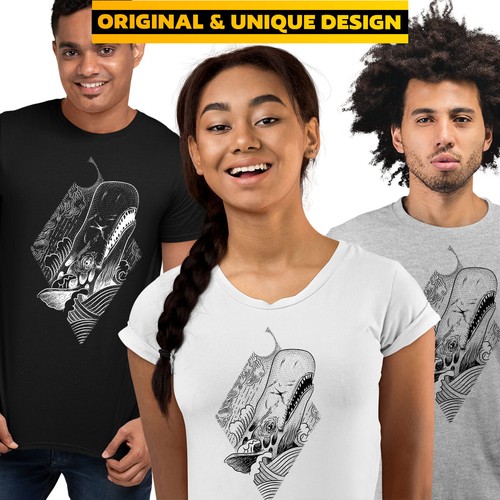 Hand Draw Whale Sea Creature Double Exposure Surreal T-shirt Birthday Gift Geek - Picture 23 of 28