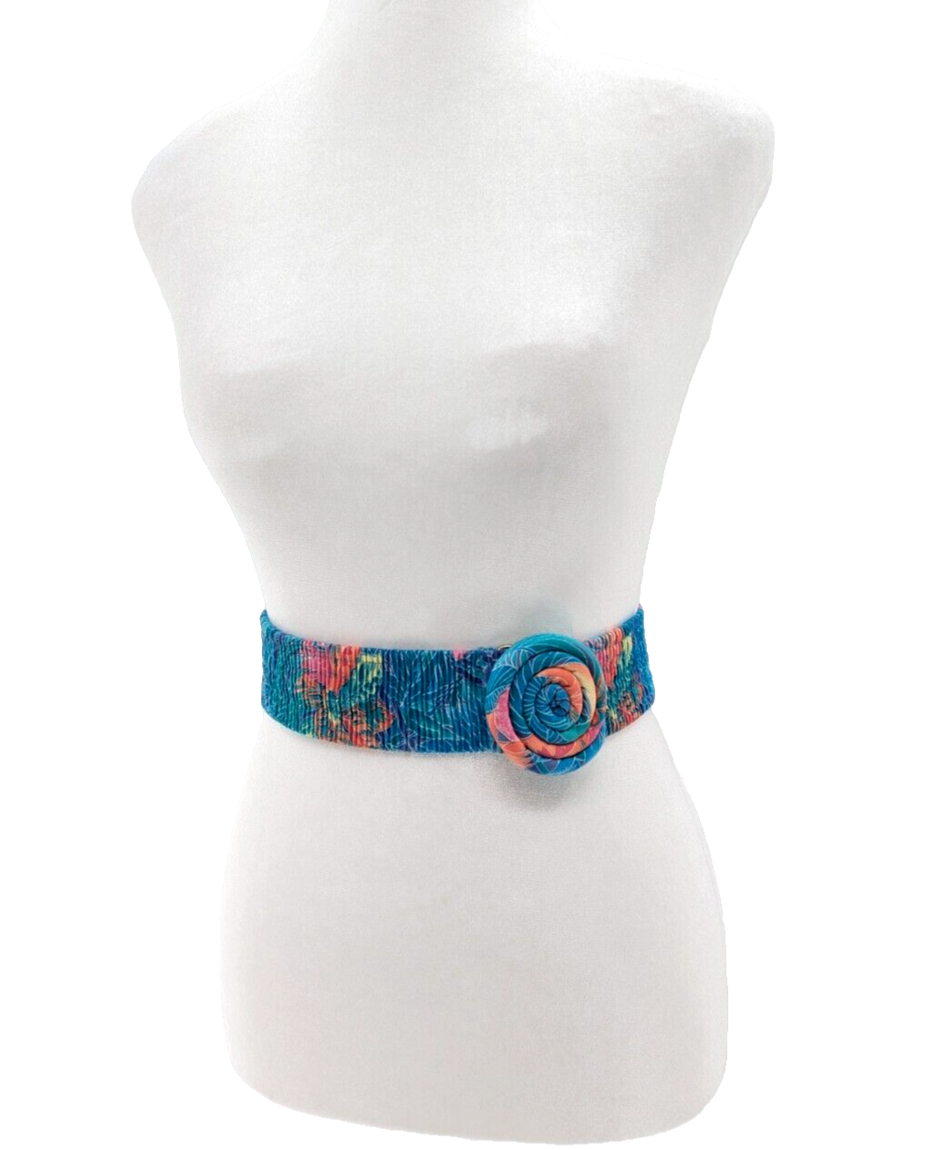 Vtg 80s Blue Colorful Knot Rose Stretchy Fabric Chunky Statement Belt Size Small