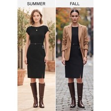 Express Black Belted Cap Sleeve Sheath Dress XS Boat Neck Knee Length Side Slit