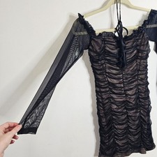 NWT Black and Nude Maura Mesh Ruched Off-Shoulder Long Sheer Sleeve Mini Dress M