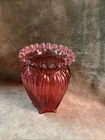 1980s Fenton ruby gold cranberry glass crimped top hexagon shaped base Vase