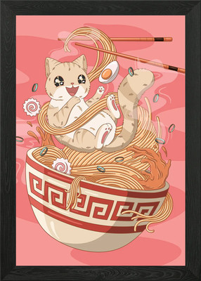 Cute Cat Loves Ramen Framed Wall Art Poster Canvas Print Picture